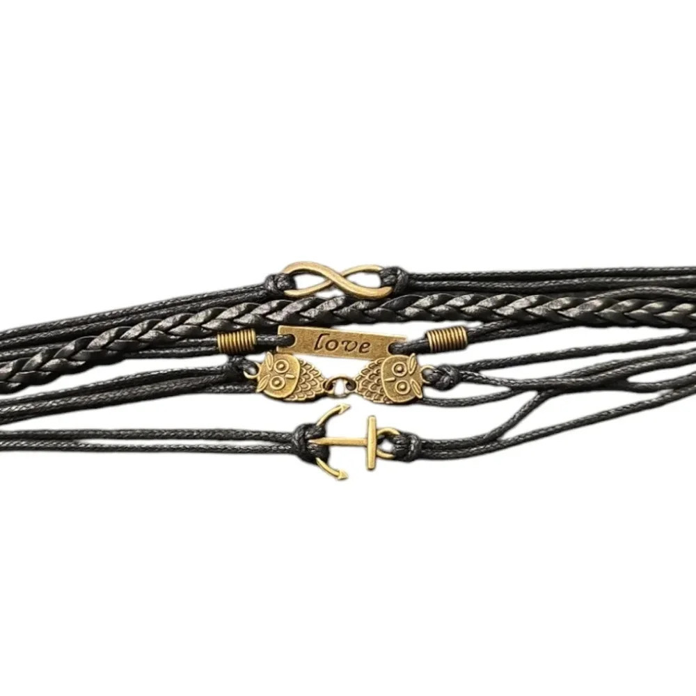 Infinity Love Owl Anchor Faux Leather Multi-layered Bracelet